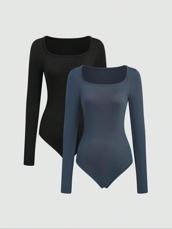 Women's Solid Long Sleeve Square Neck Bodysuit, Casual Comfy Tight-fitting Bodysuit for Daily Wear, Ladies Clothes for All Seasons